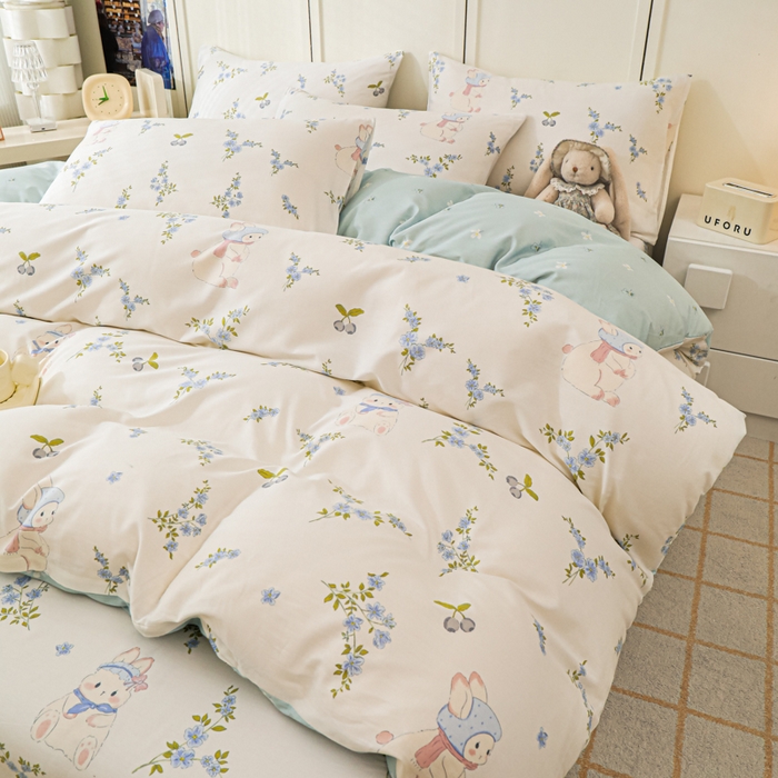 91家纺网 家纺一手货源 找家纺 金鑫汇家纺 2025新款全棉印花四件套 花丛兔