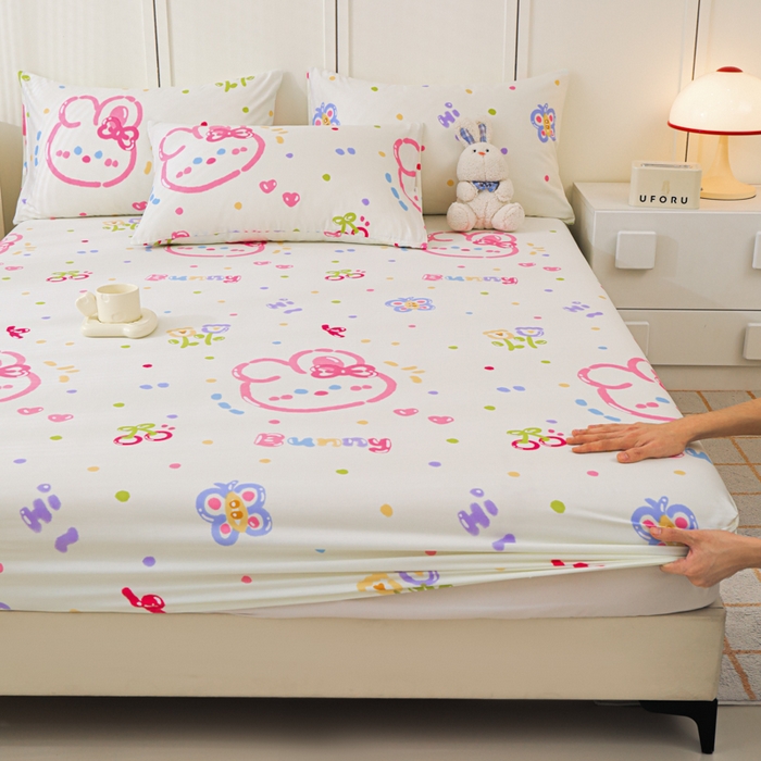 91家纺网 家纺一手货源 找家纺 金鑫汇家纺 2025新款全棉印花单床笠 奇趣小兔