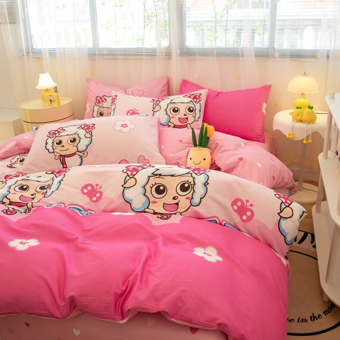 91家纺网 家纺一手货源 找家纺 简宜家居（朝初家纺） 2025新款40支斜纹12868纯棉全棉喜羊羊灰太狼系列四件套 美羊羊好心情