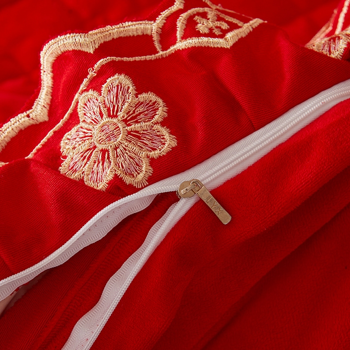 91家纺网 家纺一手货源 找家纺 罗艺轩 2025新款婴儿绒双层夹棉可拆卸床裙四件套-花语 花语-大红