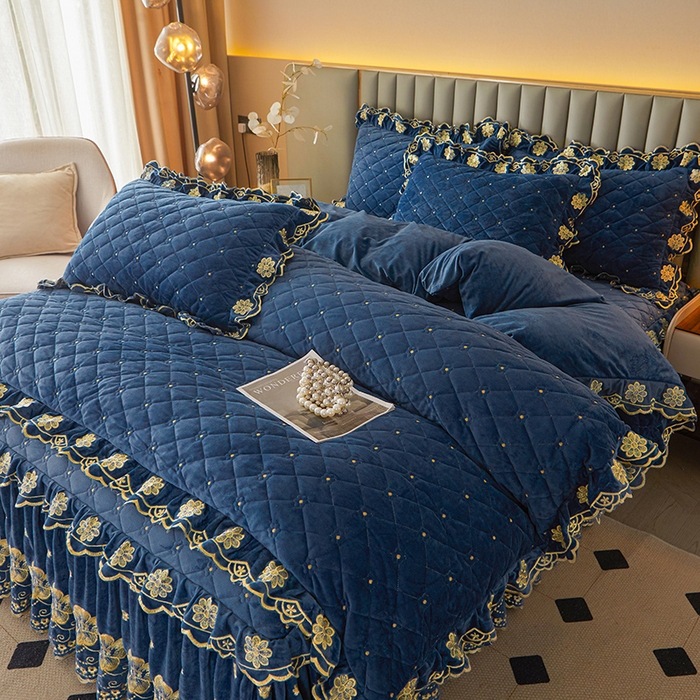 91家纺网 家纺一手货源 找家纺 罗艺轩 2025新款婴儿绒双层夹棉可拆卸床裙四件套-花语 花语-宝蓝