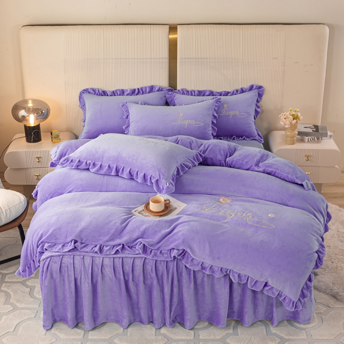 91家纺网 家纺一手货源 找家纺 慧菲 2025新款刺绣夹棉牛奶绒床裙四件套-玫瑰花语 玫瑰花语-紫