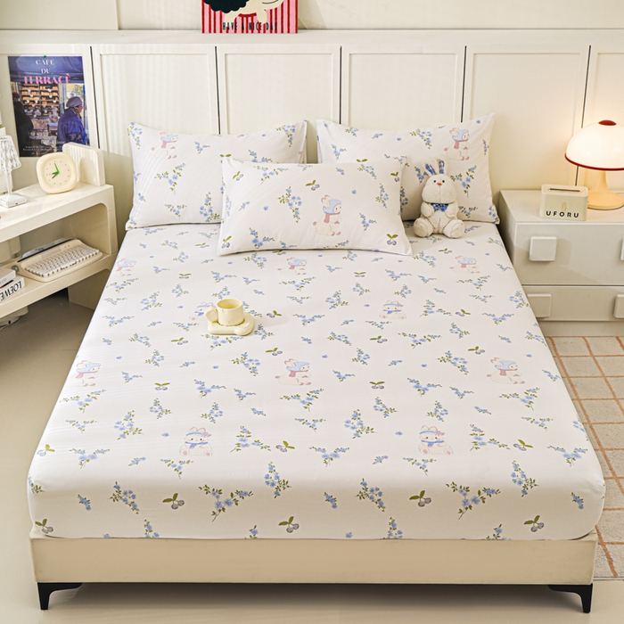 91家纺网 家纺一手货源 找家纺 金鑫汇家纺 2025新款全棉印花单床笠 花丛兔