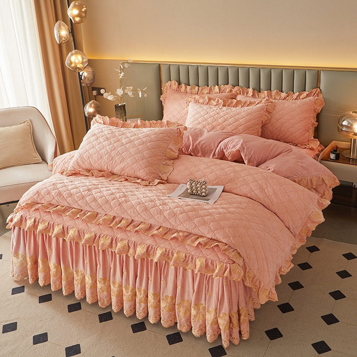 91家纺网 家纺一手货源 找家纺 罗艺轩 2025新款婴儿绒双层夹棉可拆卸床裙四件套-花语 花语-梦幻玉