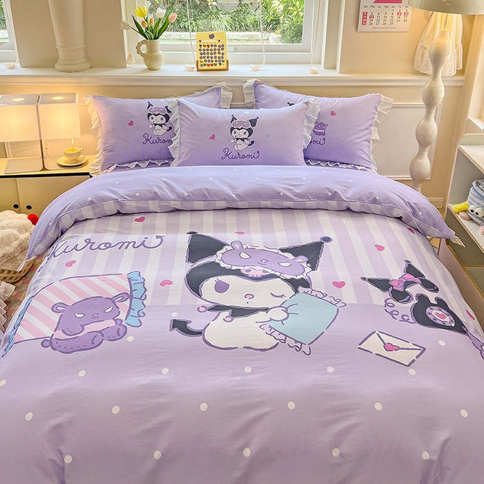 91家纺网 家纺一手货源 找家纺 玉元坊 2025年新款三丽鸥系列数码印花纯棉全棉床裙三件套四件套-花边款式 糖果