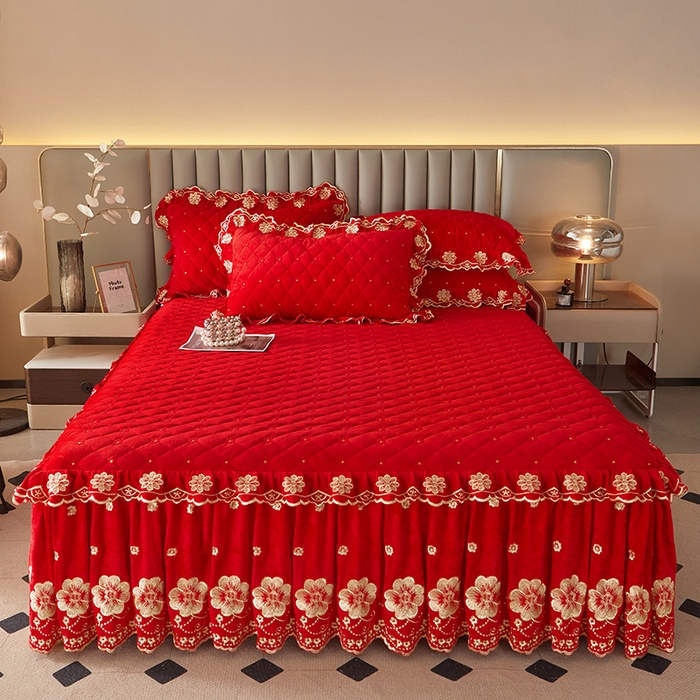 91家纺网 家纺一手货源 找家纺 罗艺轩 2025新款婴儿绒双层夹棉可拆卸床裙-花语 花语-大红