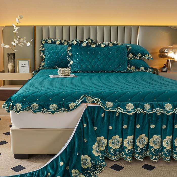 91家纺网 家纺一手货源 找家纺 罗艺轩 2025新款婴儿绒双层夹棉可拆卸床裙-花语 花语-翡翠绿