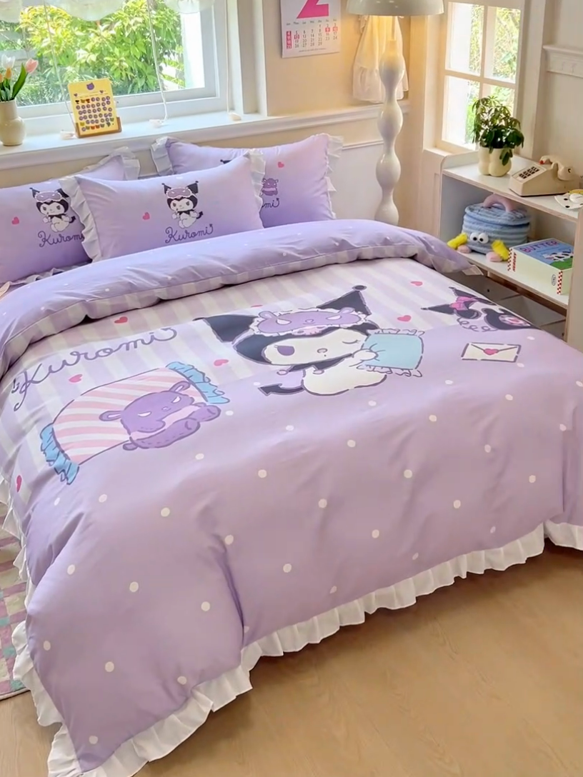 91家纺网 家纺一手货源 找家纺 玉元坊 2025年新款三丽鸥系列数码印花纯棉全棉床裙三件套四件套-花边款式 糖果