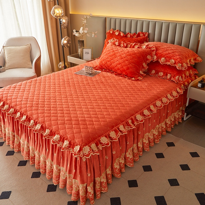 91家纺网 家纺一手货源 找家纺 罗艺轩 2025新款婴儿绒双层夹棉可拆卸床裙-花语 花语-艾玛橙