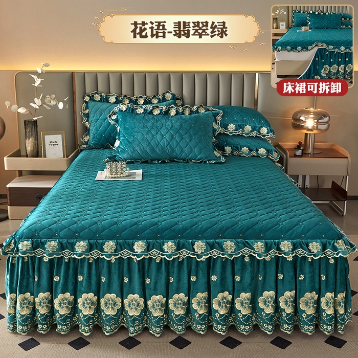 91家纺网 家纺一手货源 找家纺 罗艺轩 2025新款婴儿绒双层夹棉可拆卸床裙-花语 花语-翡翠绿
