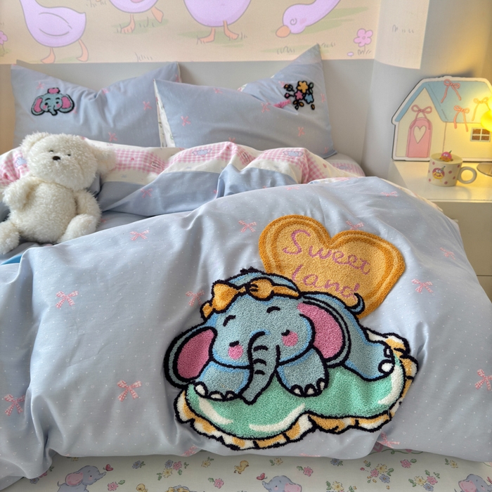 91家纺网 家纺一手货源 找家纺 曼之夏 2025新款纯棉印花加毛巾绣四件套 毛巾绣-大象