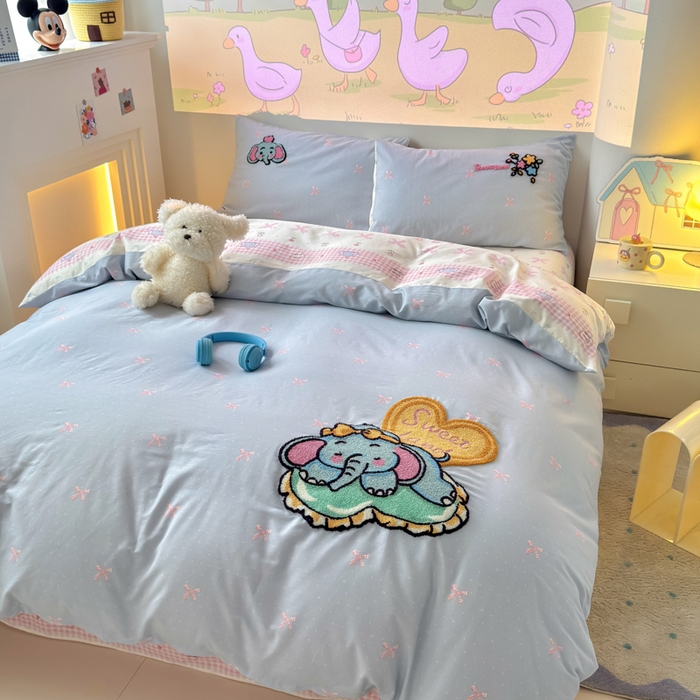 91家纺网 家纺一手货源 找家纺 曼之夏 2025新款纯棉印花加毛巾绣四件套 毛巾绣-大象