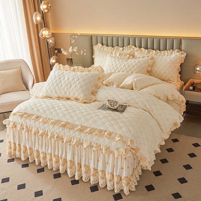 91家纺网 家纺一手货源 找家纺 罗艺轩 2025新款婴儿绒双层夹棉可拆卸床裙四件套-花语 花语-奶昔