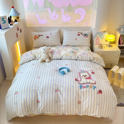 曼之夏 2025新款纯棉印花加毛巾绣四件套 毛巾绣-萌宠