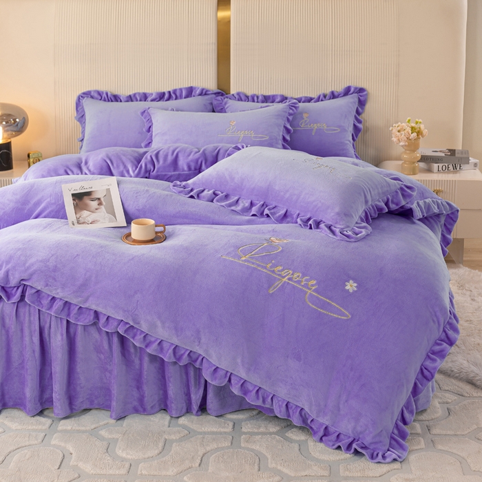 91家纺网 家纺一手货源 找家纺 慧菲 2025新款刺绣夹棉牛奶绒床裙四件套-玫瑰花语 玫瑰花语-紫