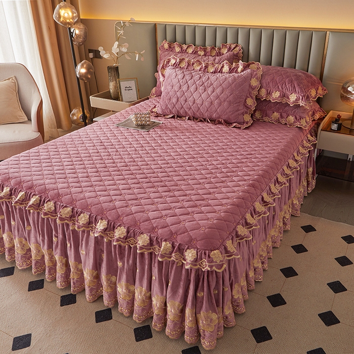 91家纺网 家纺一手货源 找家纺 罗艺轩 2025新款婴儿绒双层夹棉可拆卸床裙-花语 花语-豆沙