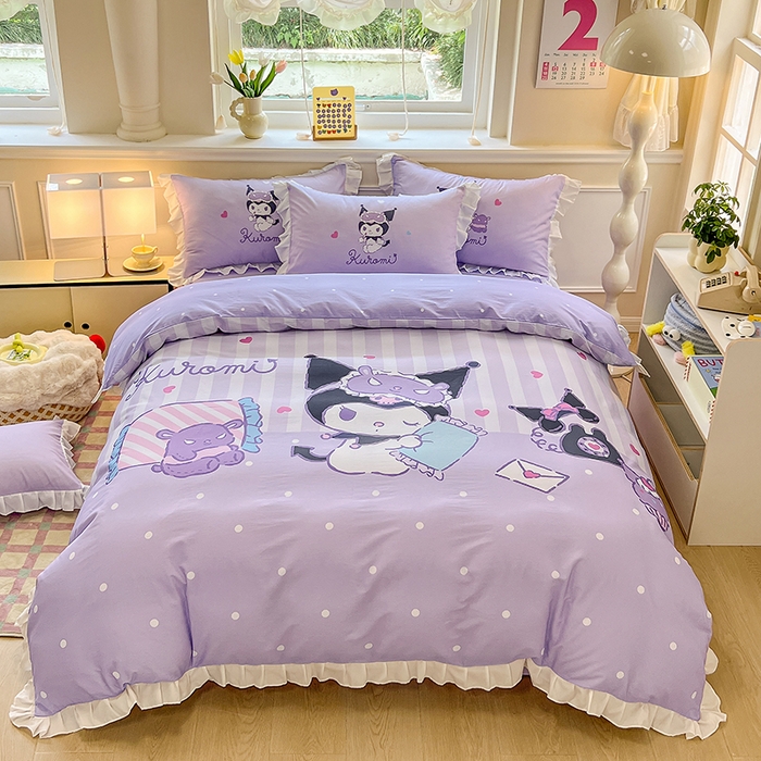 91家纺网 家纺一手货源 找家纺 玉元坊 2025年新款三丽鸥系列数码印花纯棉全棉床裙三件套四件套-花边款式 糖果