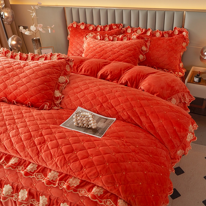 91家纺网 家纺一手货源 找家纺 罗艺轩 2025新款婴儿绒双层夹棉可拆卸床裙四件套-花语 花语-艾玛橙