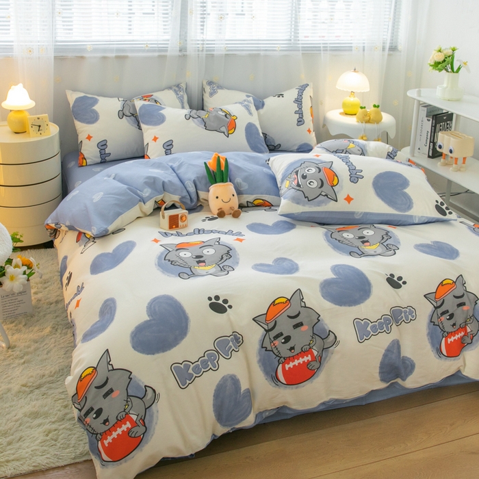 91家纺网 家纺一手货源 找家纺 简宜家居（朝初家纺） 2025新款40支斜纹12868纯棉全棉喜羊羊灰太狼系列四件套 灰心太郎