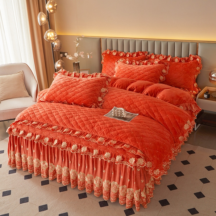 91家纺网 家纺一手货源 找家纺 罗艺轩 2025新款婴儿绒双层夹棉可拆卸床裙四件套-花语 花语-艾玛橙