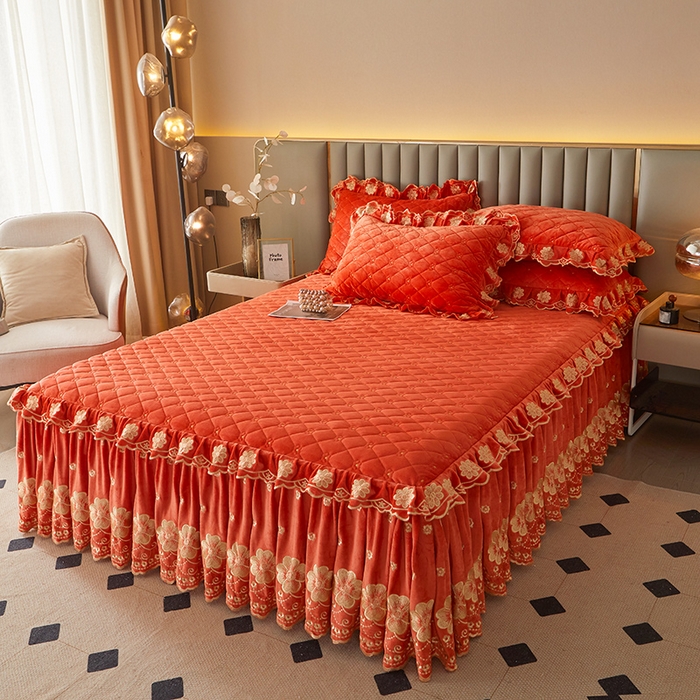 91家纺网 家纺一手货源 找家纺 罗艺轩 2025新款婴儿绒双层夹棉可拆卸床裙-花语 花语-艾玛橙