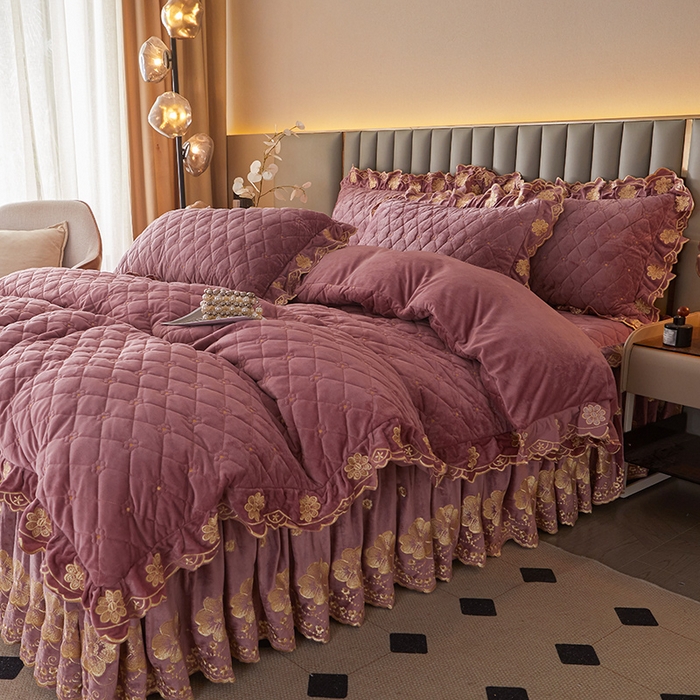 91家纺网 家纺一手货源 找家纺 罗艺轩 2025新款婴儿绒双层夹棉可拆卸床裙四件套-花语 花语-豆沙