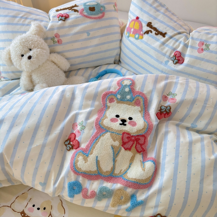 91家纺网 家纺一手货源 找家纺 曼之夏 2025新款纯棉印花加毛巾绣四件套 毛巾绣-萌宠