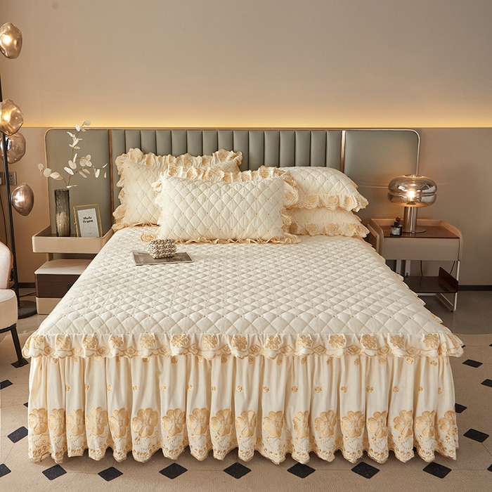 91家纺网 家纺一手货源 找家纺 罗艺轩 2025新款婴儿绒双层夹棉可拆卸床裙-花语 花语-奶昔