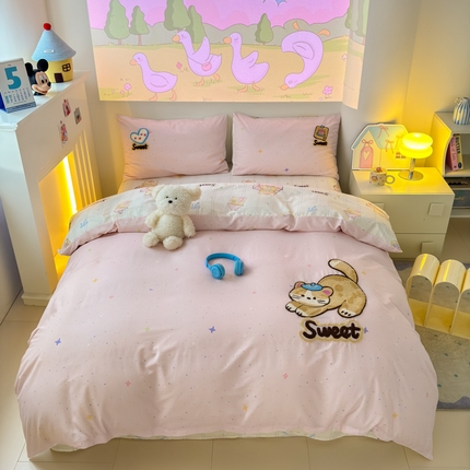 曼之夏 2025新款纯棉印花加毛巾绣四件套 毛巾绣-猫咪