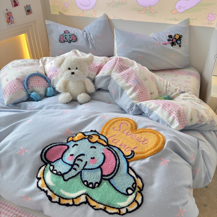 91家纺网 家纺一手货源 找家纺 曼之夏 2025新款纯棉印花加毛巾绣四件套 毛巾绣-大象