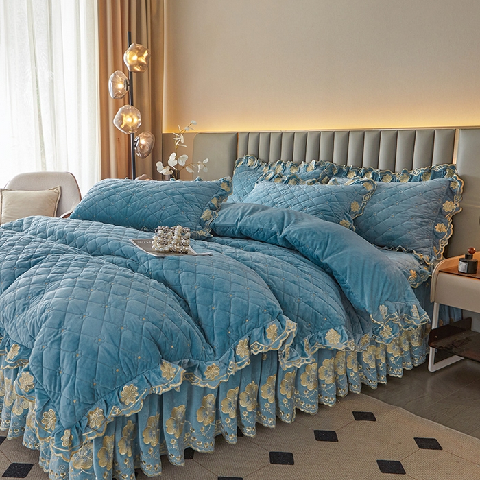 91家纺网 家纺一手货源 找家纺 罗艺轩 2025新款婴儿绒双层夹棉可拆卸床裙四件套-花语 花语-湖蓝