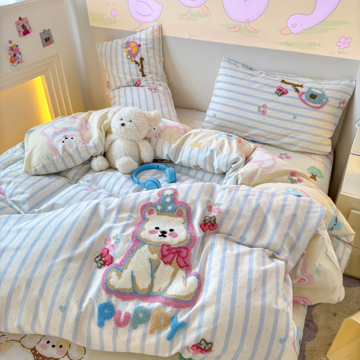 91家纺网 家纺一手货源 找家纺 曼之夏 2025新款纯棉印花加毛巾绣四件套 毛巾绣-萌宠