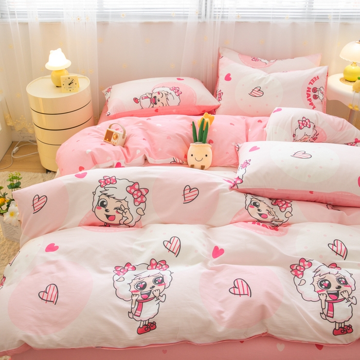 91家纺网 家纺一手货源 找家纺 简宜家居（朝初家纺） 2025新款40支斜纹12868纯棉全棉喜羊羊灰太狼系列四件套 爱心美羊羊