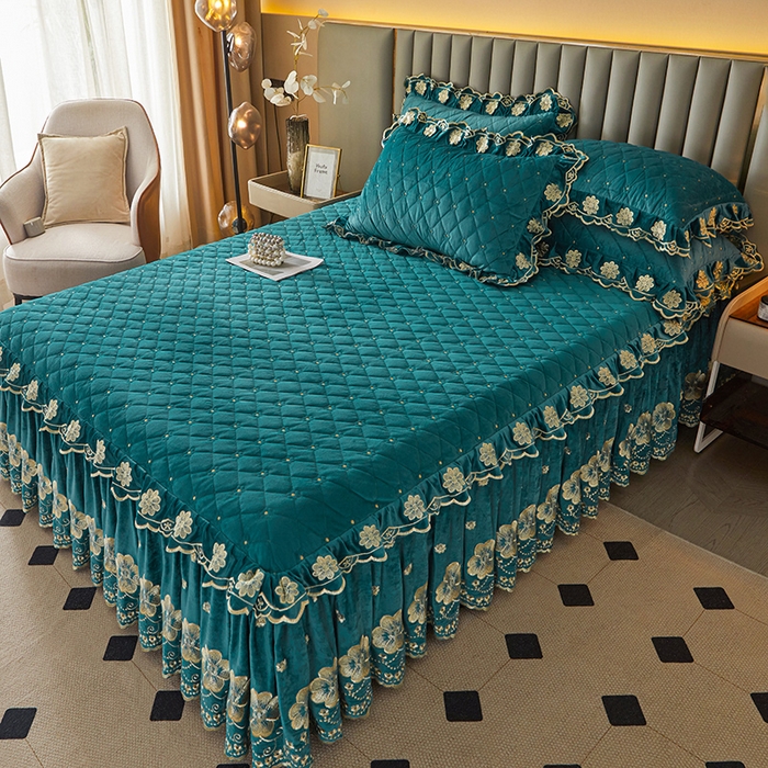 91家纺网 家纺一手货源 找家纺 罗艺轩 2025新款婴儿绒双层夹棉可拆卸床裙-花语 花语-翡翠绿