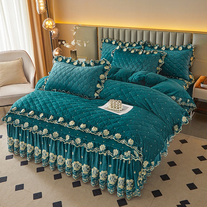 91家纺网 家纺一手货源 找家纺 罗艺轩 2025新款婴儿绒双层夹棉可拆卸床裙四件套-花语 花语-翡翠绿