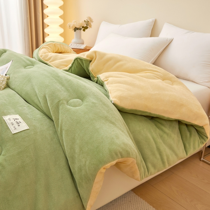 91家纺网 家纺一手货源 找家纺 牛魔王家居 2024新款双面牛奶绒加厚冬被被子被芯填充(白丝棉） 果绿+奶黄