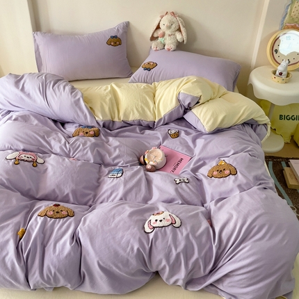 91家纺网 家纺一手货源 找家纺 （总）焱博家纺 2025新款A类水洗棉毛巾绣四件套 小狗 蓝