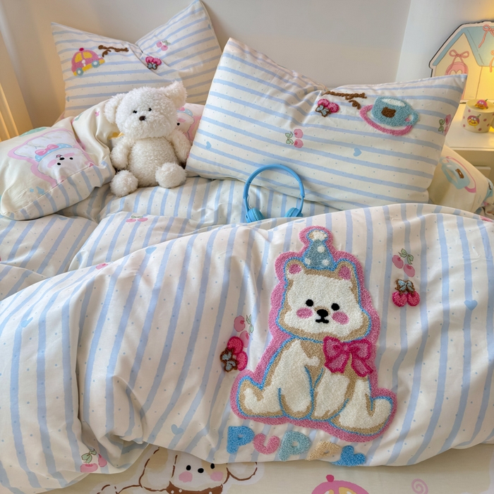 91家纺网 家纺一手货源 找家纺 曼之夏 2025新款纯棉印花加毛巾绣四件套 毛巾绣-萌宠