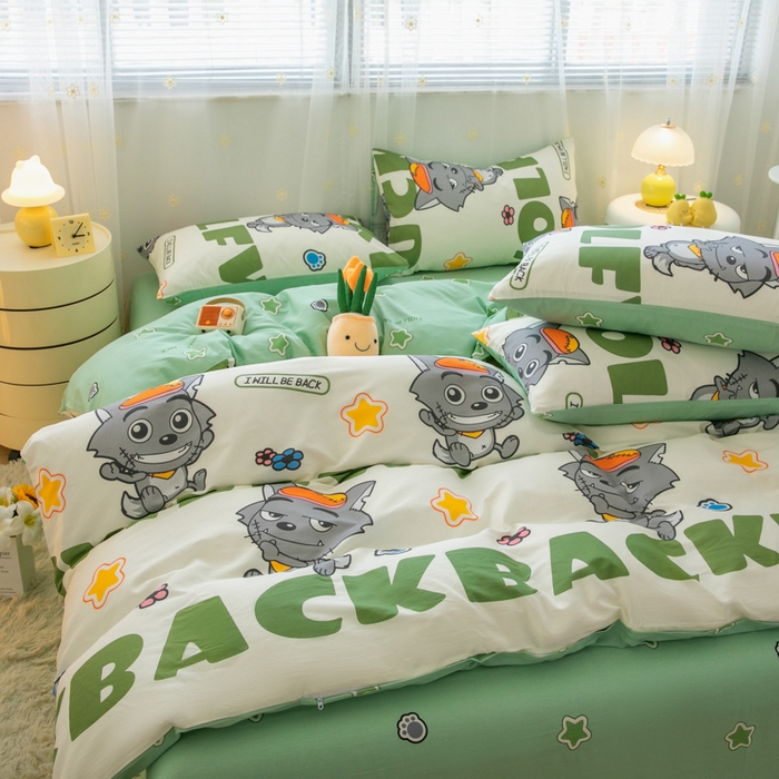 91家纺网 家纺一手货源 找家纺 简宜家居（朝初家纺） 2025新款40支斜纹12868纯棉全棉喜羊羊灰太狼系列四件套 快乐无忧