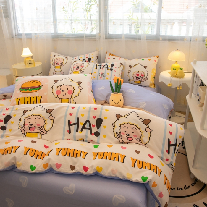 91家纺网 家纺一手货源 找家纺 简宜家居（朝初家纺） 2025新款40支斜纹12868纯棉全棉喜羊羊灰太狼系列四件套 吃货懒洋洋