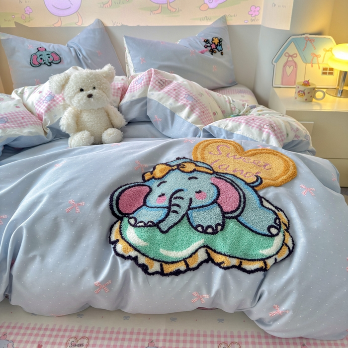 91家纺网 家纺一手货源 找家纺 曼之夏 2025新款纯棉印花加毛巾绣四件套 毛巾绣-大象