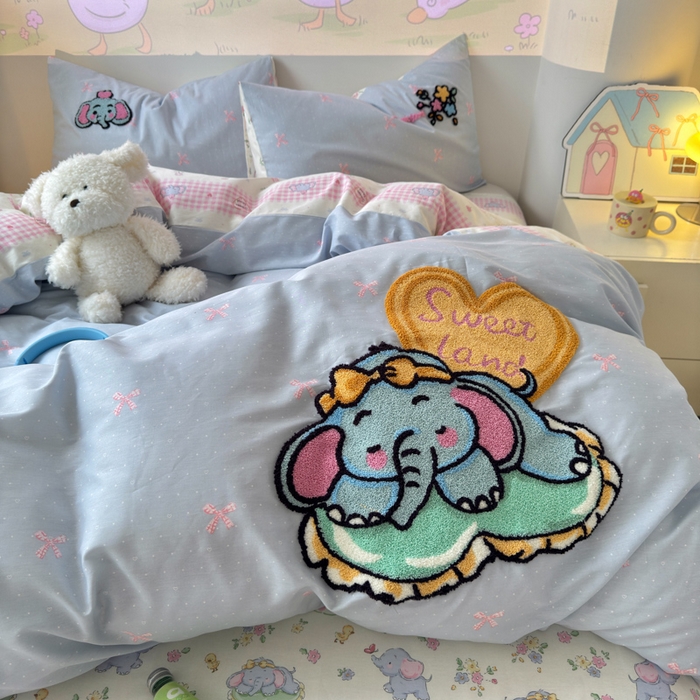 91家纺网 家纺一手货源 找家纺 曼之夏 2025新款纯棉印花加毛巾绣四件套 毛巾绣-大象