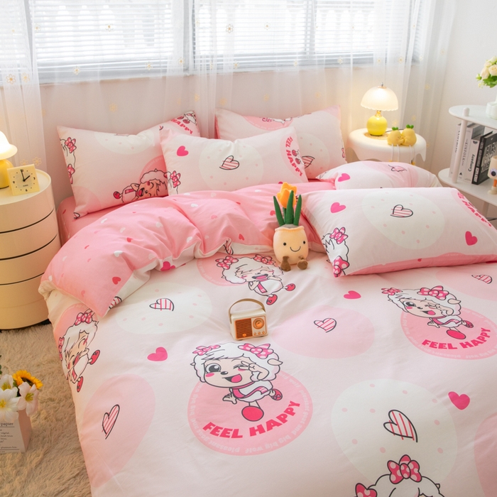 91家纺网 家纺一手货源 找家纺 简宜家居（朝初家纺） 2025新款40支斜纹12868纯棉全棉喜羊羊灰太狼系列四件套 爱心美羊羊