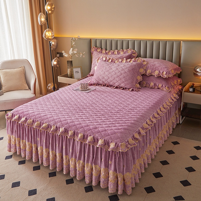 91家纺网 家纺一手货源 找家纺 罗艺轩 2025新款婴儿绒双层夹棉可拆卸床裙-花语 花语- 紫色