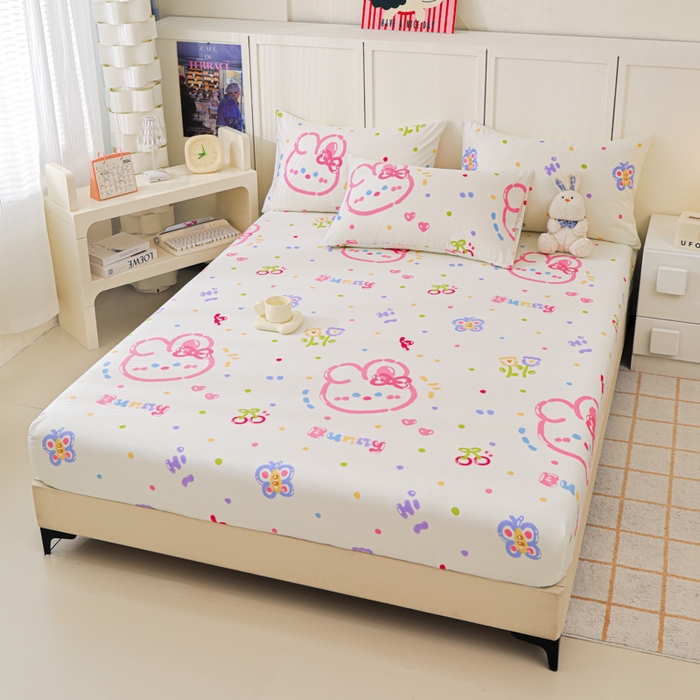 91家纺网 家纺一手货源 找家纺 金鑫汇家纺 2025新款全棉印花单床笠 奇趣小兔