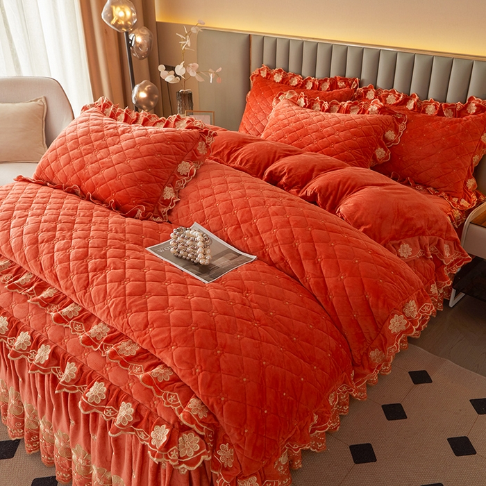 91家纺网 家纺一手货源 找家纺 罗艺轩 2025新款婴儿绒双层夹棉可拆卸床裙四件套-花语 花语-艾玛橙