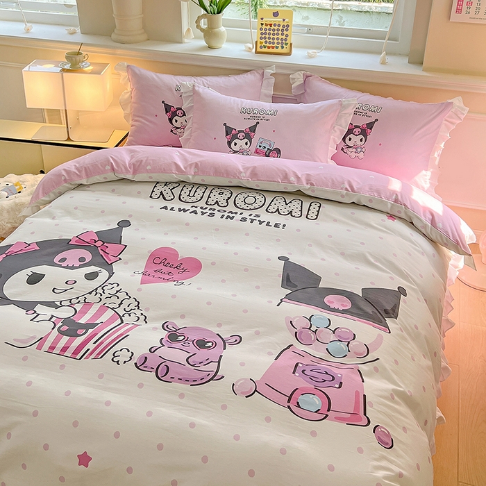 91家纺网 家纺一手货源 找家纺 玉元坊 2025年新款三丽鸥系列数码印花纯棉全棉床裙三件套四件套-花边款式 爆米花