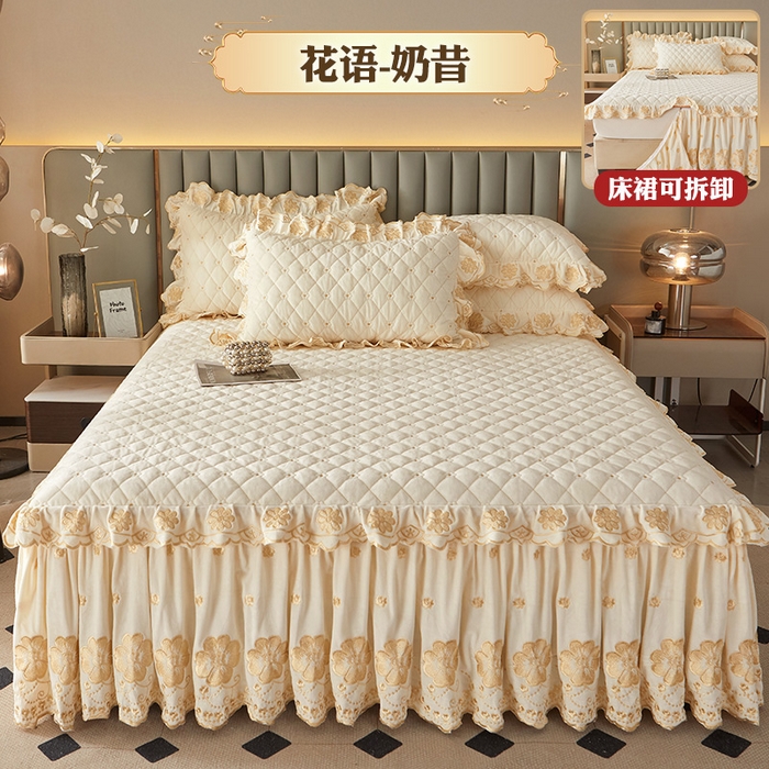 91家纺网 家纺一手货源 找家纺 罗艺轩 2025新款婴儿绒双层夹棉可拆卸床裙-花语 花语-奶昔