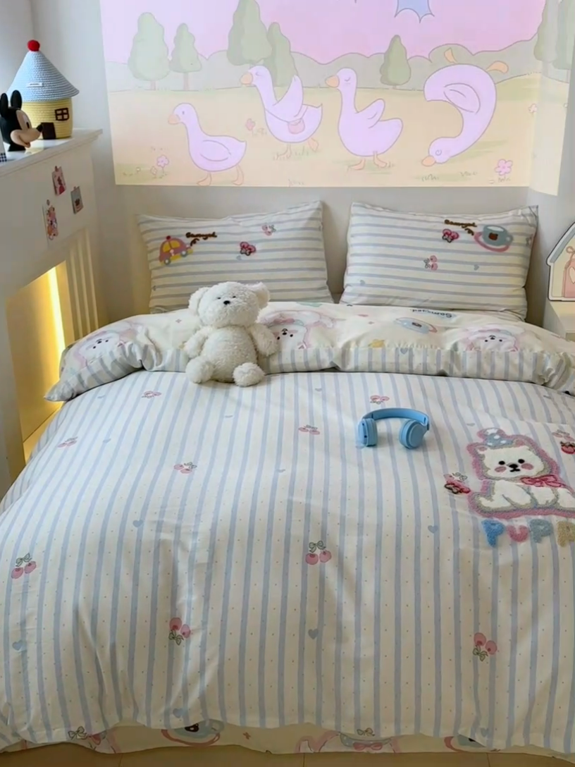 91家纺网 家纺一手货源 找家纺 曼之夏 2025新款纯棉印花加毛巾绣四件套 毛巾绣-萌宠