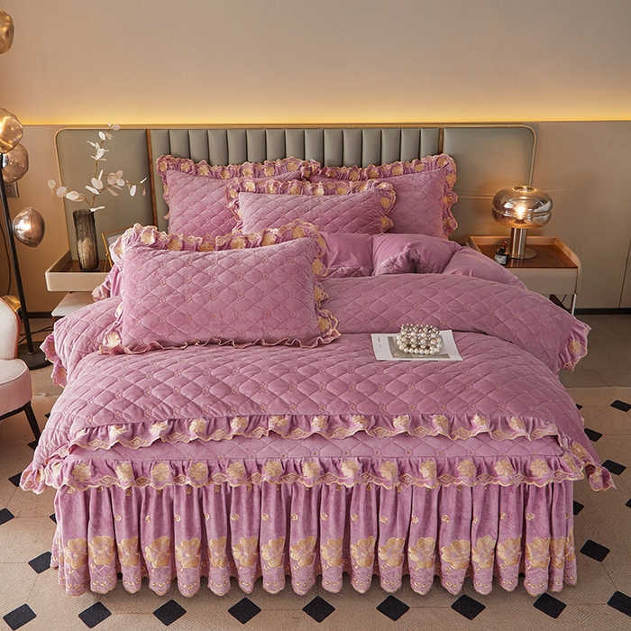 91家纺网 家纺一手货源 找家纺 罗艺轩 2025新款婴儿绒双层夹棉可拆卸床裙四件套-花语 花语- 紫色